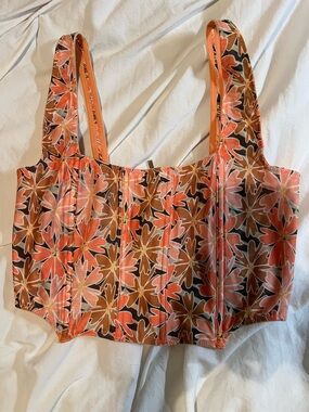 Floral Coral and Brown Cropped Tank Top